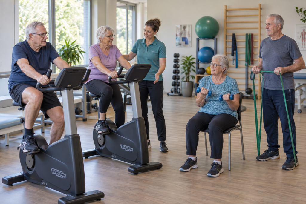 Illustratieve groepsles: oudere deelnemers trainen samen onder begeleiding