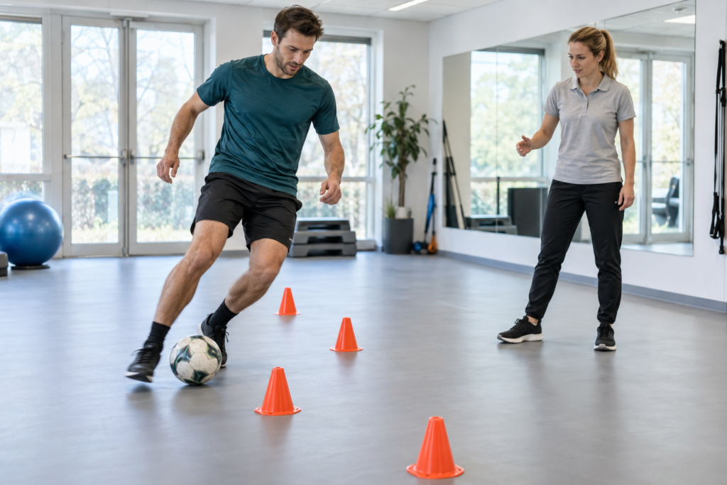 Sporter dribbelt binnen met een voetbal tussen pionnen onder begeleiding van een fysiotherapeut